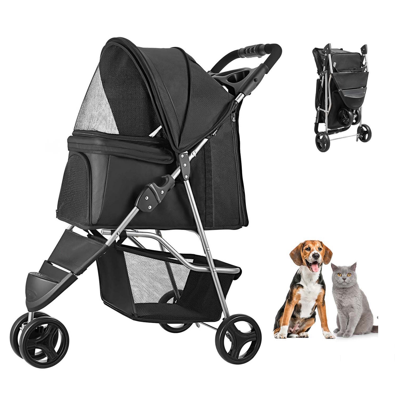 Pet Stroller Foldable 3 Wheels Dog Stroller With Brake Up To 35lbs Travel Camp_voghion.com